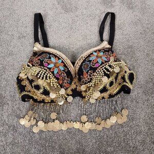 Women's Black Coin Floral Embroidered Belly Dancing Bra Size 34 Ethnic Tribal